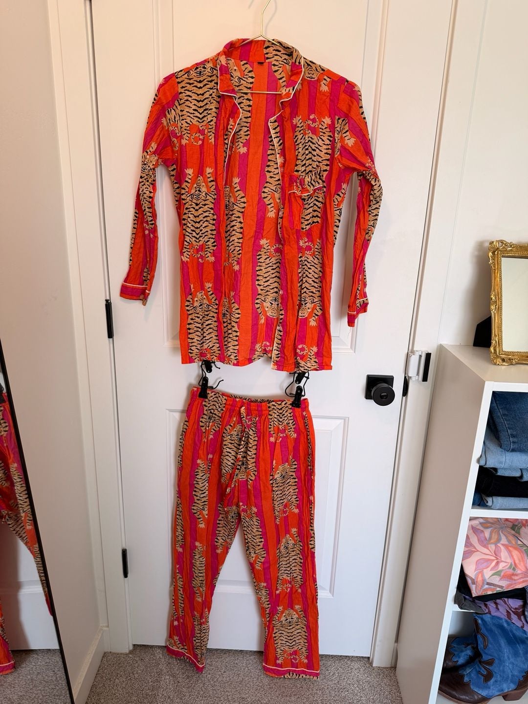 Cotton Long Pajama Set in Tibetan Tiger Pink & Orange 4