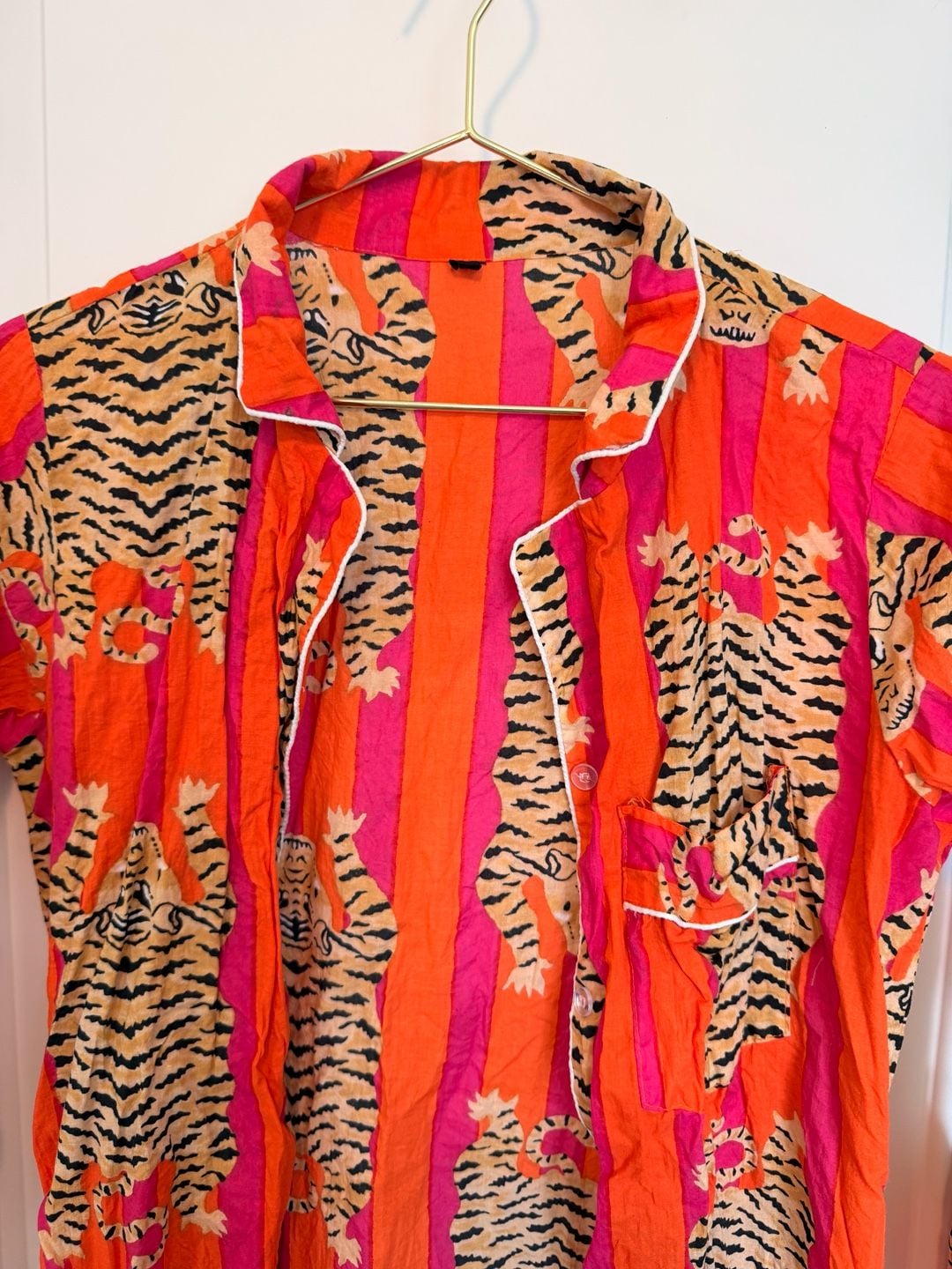 Cotton Long Pajama Set in Tibetan Tiger Pink & Orange 5