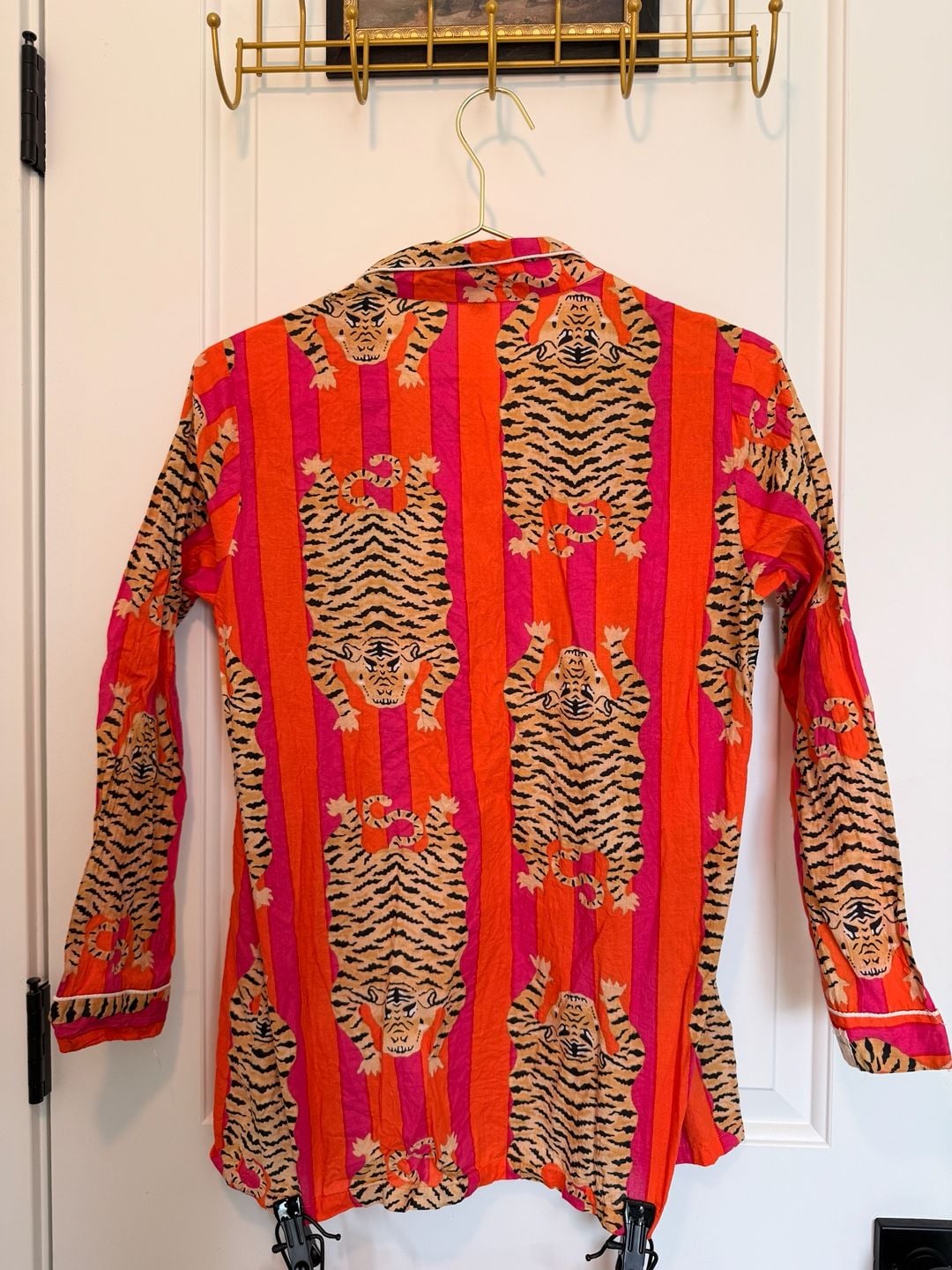 Cotton Long Pajama Set in Tibetan Tiger Pink & Orange 7