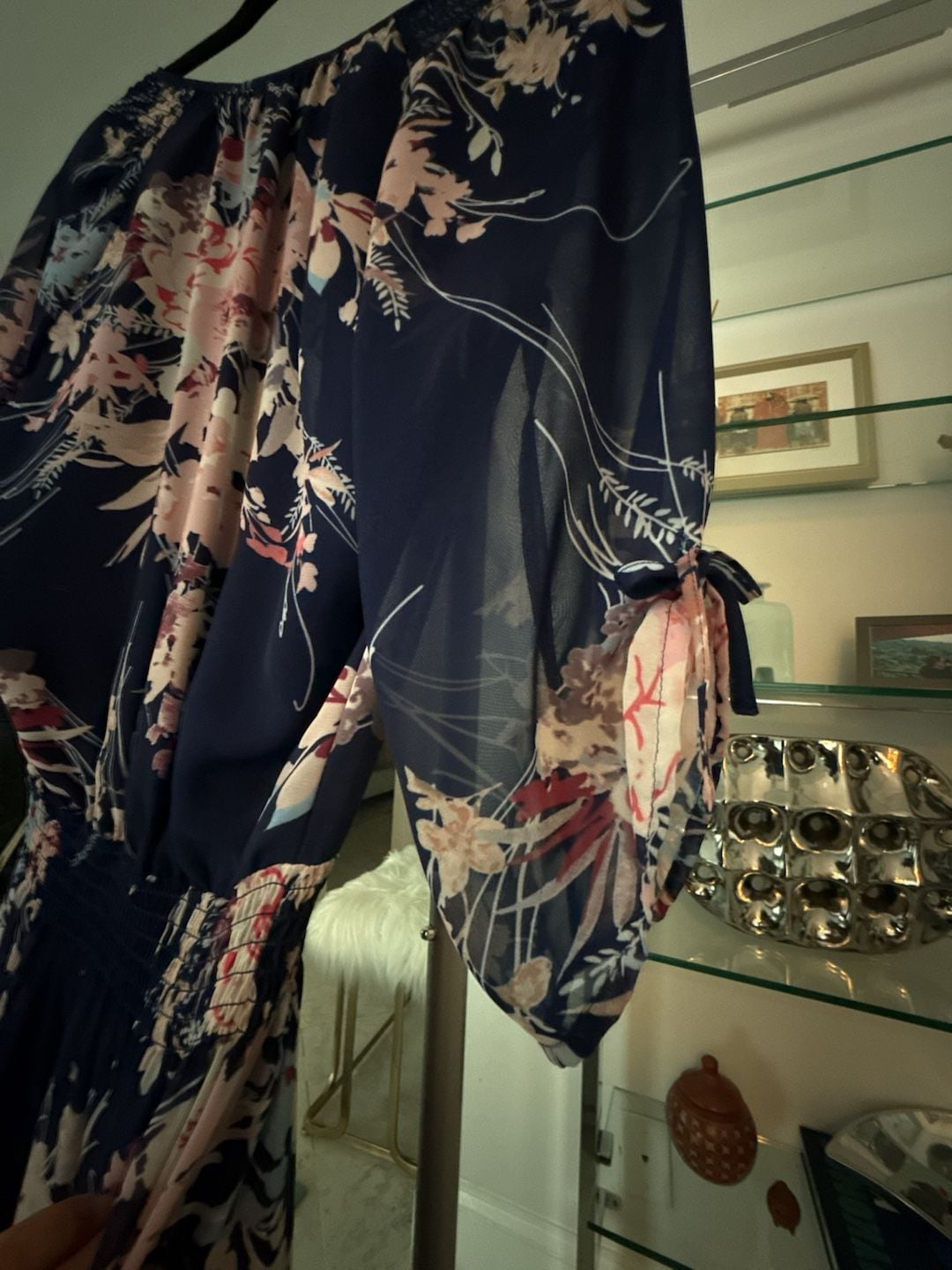 Yumi Kim Stefee Floral Mini Dress with 3/4 Sheer Tie-Sleeve, Ruffle Hem and Smocked Waist XS 7