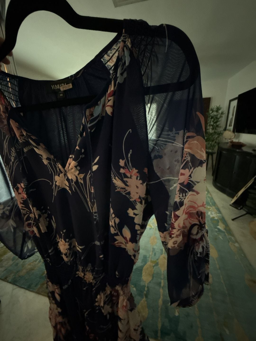 Yumi Kim Stefee Floral Mini Dress with 3/4 Sheer Tie-Sleeve, Ruffle Hem and Smocked Waist XS 9