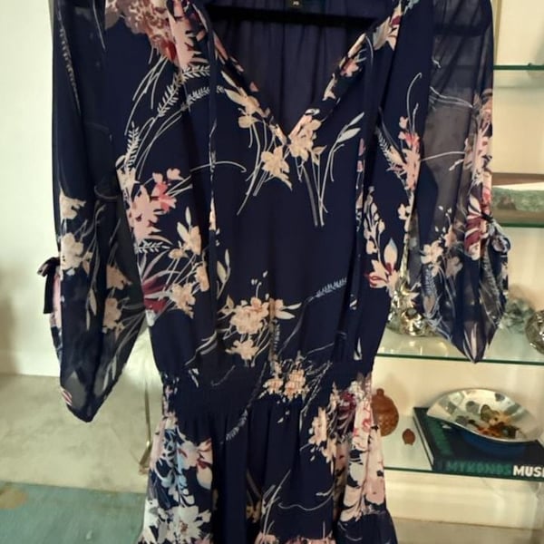 Yumi Kim Stefee Floral Mini Dress with 3/4 Sheer Tie-Sleeve, Ruffle Hem and Smocked Waist XS