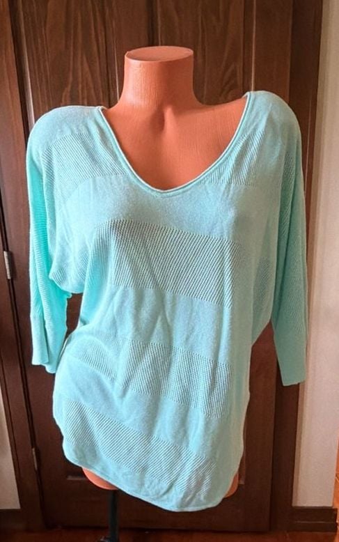 Express Women's Mint Green V-Neck Open Knit Striped Pullover Sweater 2