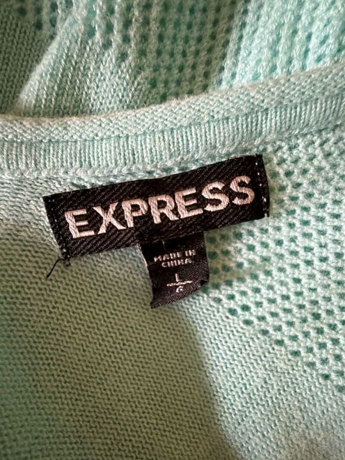 Express Women's Mint Green V-Neck Open Knit Striped Pullover Sweater 3