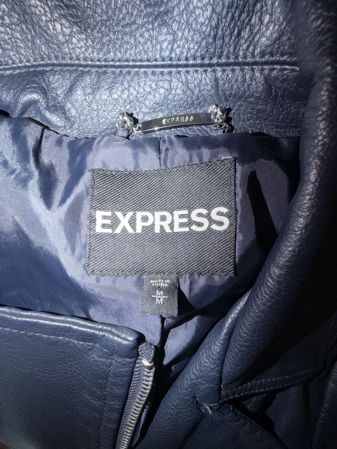 Express Women's Navy Faux Leather Asymmetrical Moto Biker Jacket 3