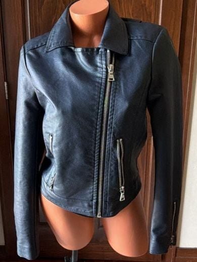 Express Women's Navy Faux Leather Asymmetrical Moto Biker Jacket 2