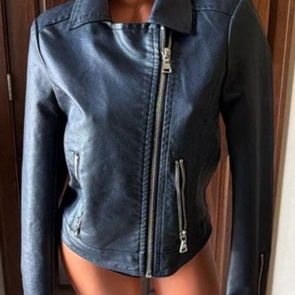 Express Women's Navy Faux Leather Asymmetrical Moto Biker Jacket