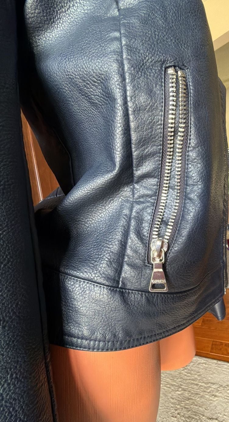 Express Women's Navy Faux Leather Asymmetrical Moto Biker Jacket 9