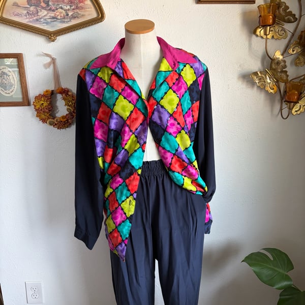 Vintage 100% Silk Sequin Colorblock Blouse and Pants Set L