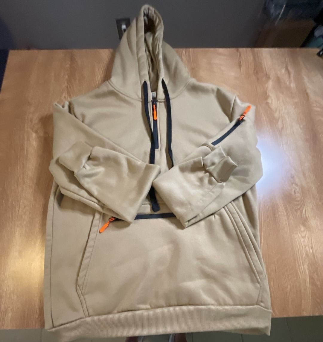 Men's Khaki Half-Zip Athletic Pullover Hoodie with Contrast Trim and Pockets 1