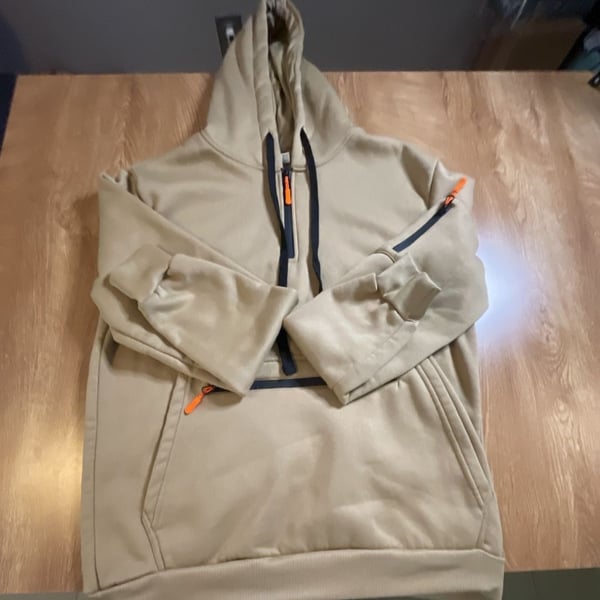 Men's Khaki Half-Zip Athletic Pullover Hoodie with Contrast Trim and Pockets