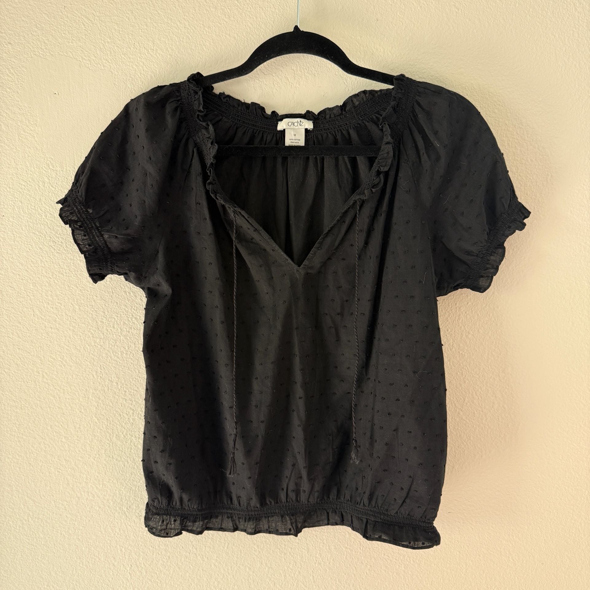 Vintage y2k Caché Women's Black Swiss Dot V-Neck Blouse with Flutter Sleeves 2