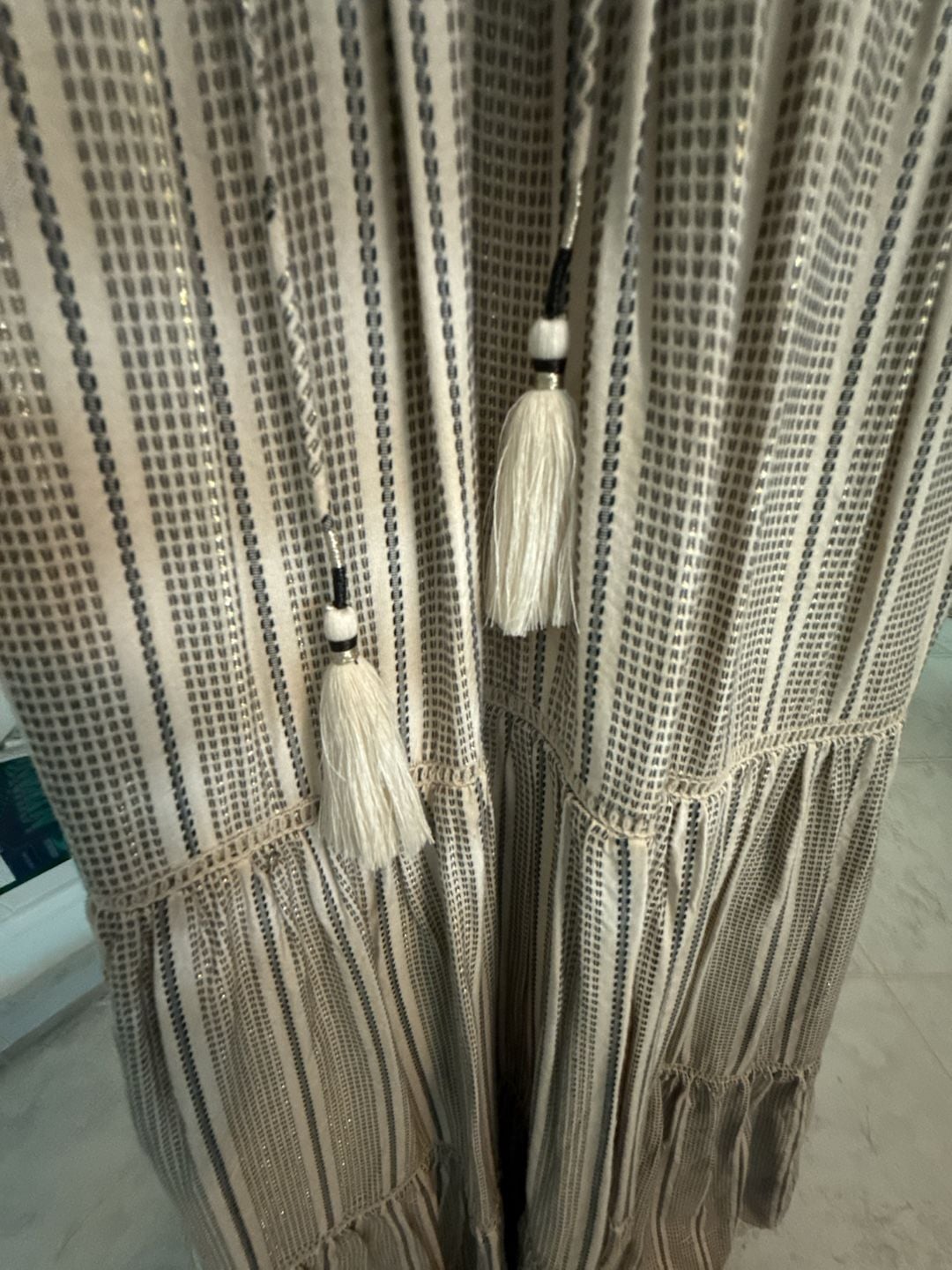 Love the Label Striped Tiered Maxi Dress with Tassel Detail and Gold Metallic Thread Size S 6