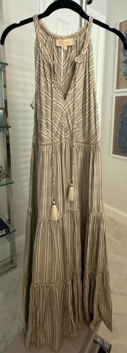 Love the Label Striped Tiered Maxi Dress with Tassel Detail and Gold Metallic Thread Size S 2
