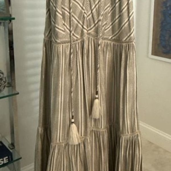 Love the Label Striped Tiered Maxi Dress with Tassel Detail and Gold Metallic Thread Size S
