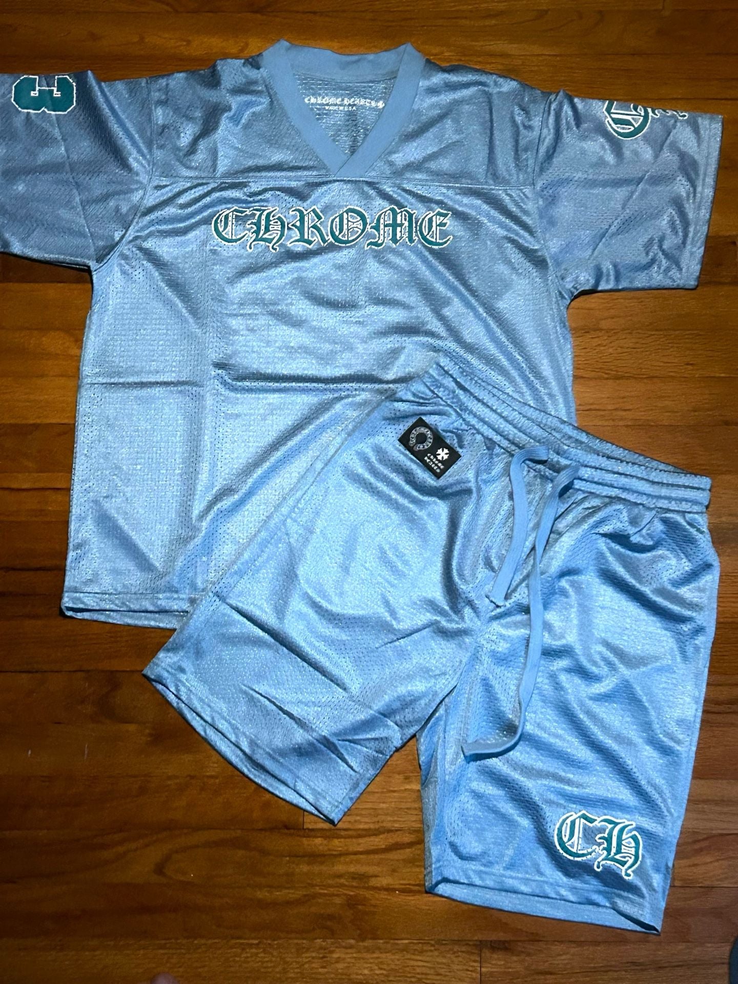 Chrome Hearts Mesh Stadium Jersey and Shorts Set in Light Blue 1
