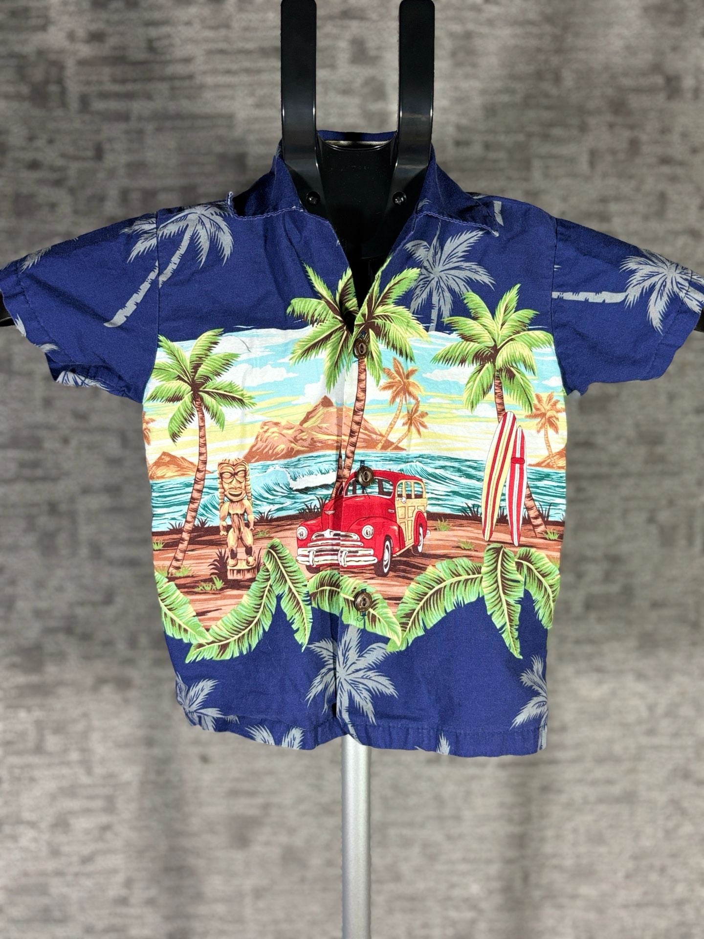 Ky's Made in Hawaii Boy's Aloha Shirt Tropical Tiki Woody Car Print 2