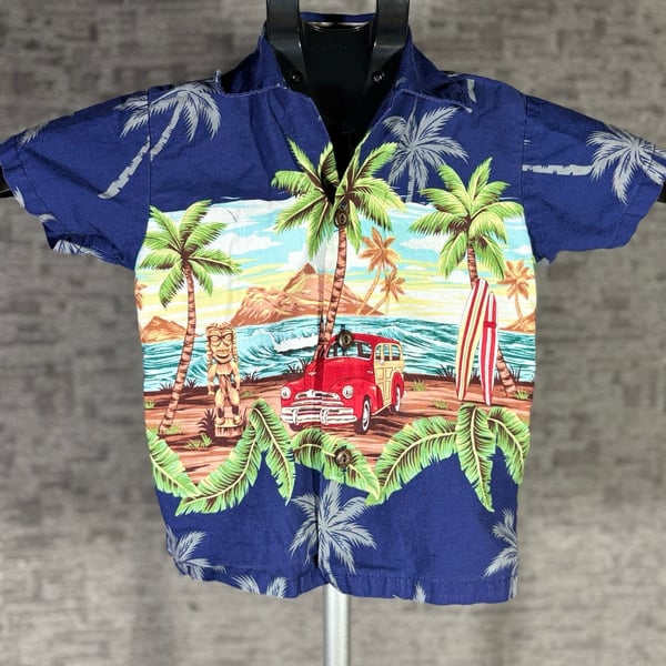 Ky's Made in Hawaii Boy's Aloha Shirt Tropical Tiki Woody Car Print