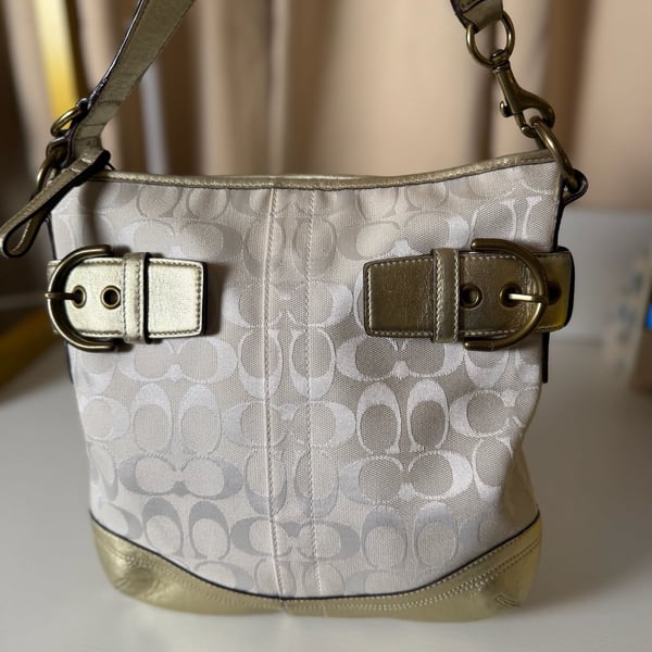 Coach Signature 3574 Hobo Shoulder Bag in Cream Canvas and Metallic Gold Leather