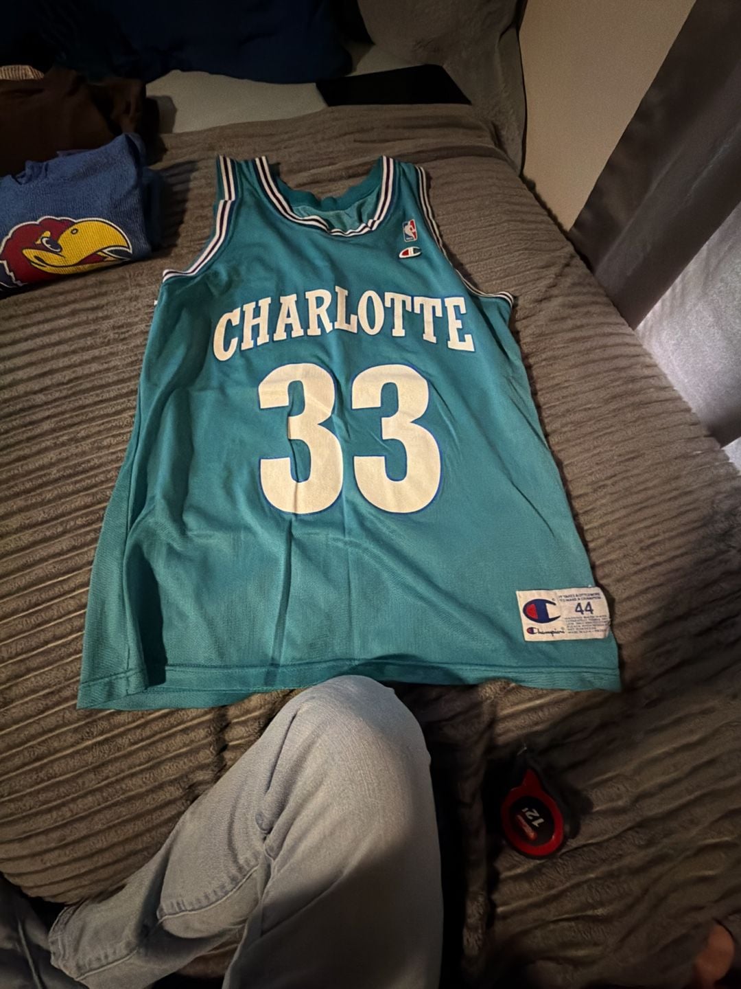 Vintage Champion NBA Charlotte Hornets Alonzo Mourning #33 Basketball Jersey Size 44 1