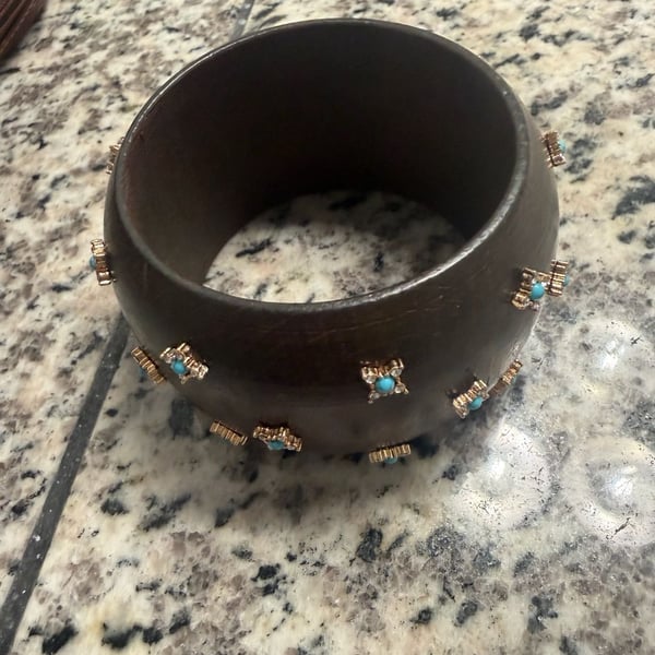 Jose and Maria Barrera Wooden Bangle Bracelet with Faux Turquoise and Rhinestones