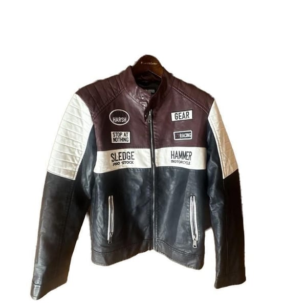 Chor Clothing Company Men's Color Block Faux Leather Motorcycle Racing Jacket