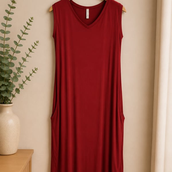 Jolie Los Angeles Red V-Neck Maxi Dress with Pockets