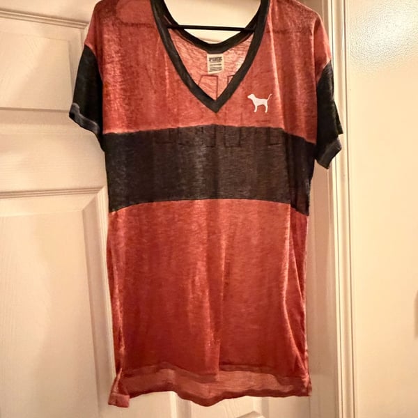 PINK Victoria's Secret Burnout V-Neck T-Shirt with Large Back Spell-Out Logo