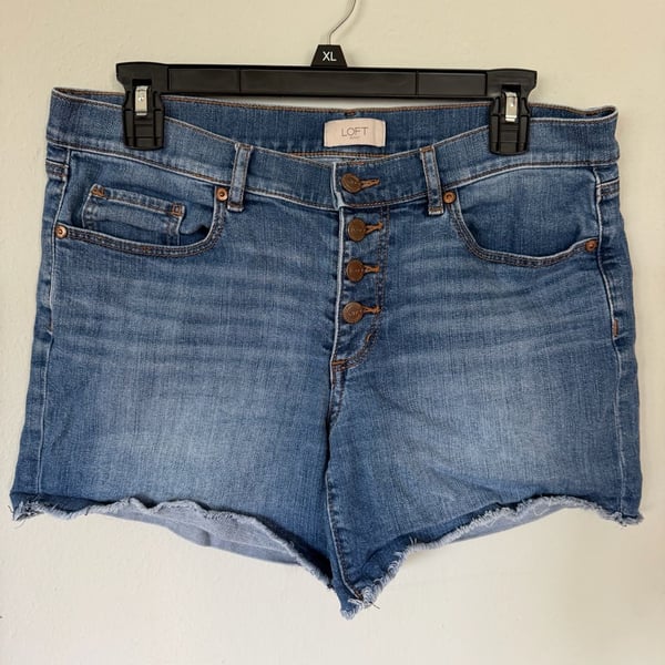 LOFT Outlet High-Rise Button-Fly Frayed Hem Denim Shorts