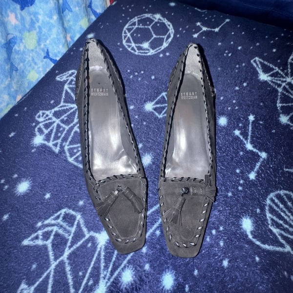 Stuart Weitzman Black Suede Tassel Kitten Heel Loafer Pumps