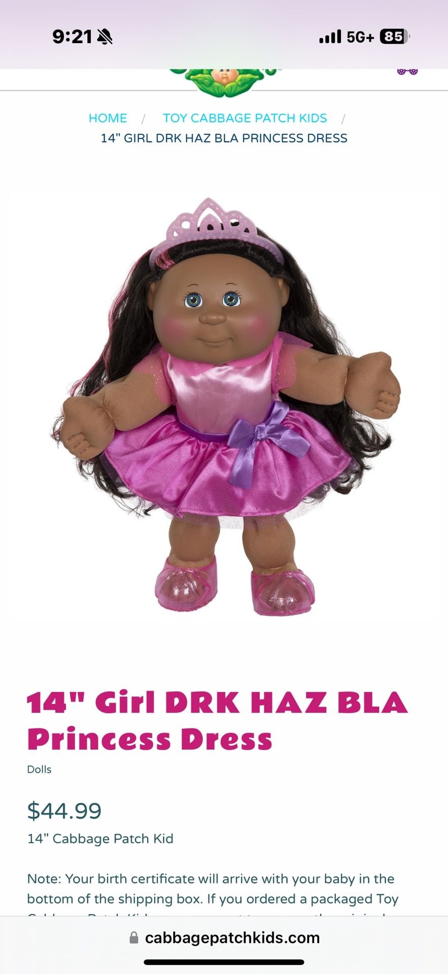 Cabbage Patch Kids 14-inch Girl Doll with Dark Hair and Pink Princess Dress 2