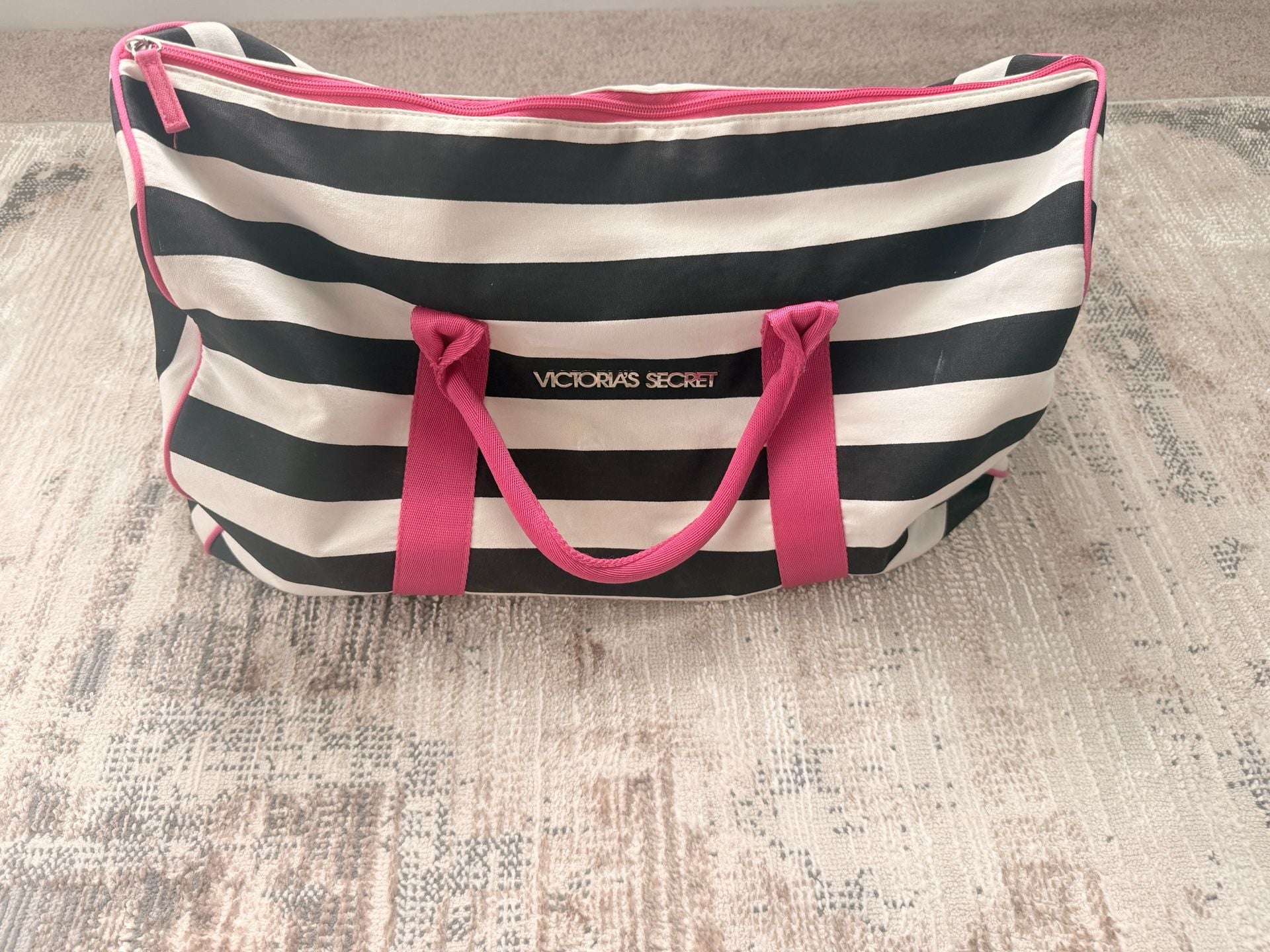 Victoria's Secret Black and White Striped Travel Duffel Weekender Bag with Pink Trim 2