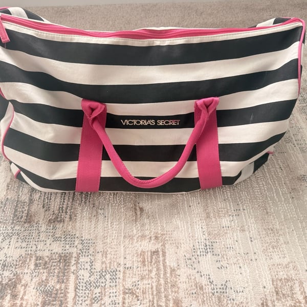 Victoria's Secret Black and White Striped Travel Duffel Weekender Bag with Pink Trim
