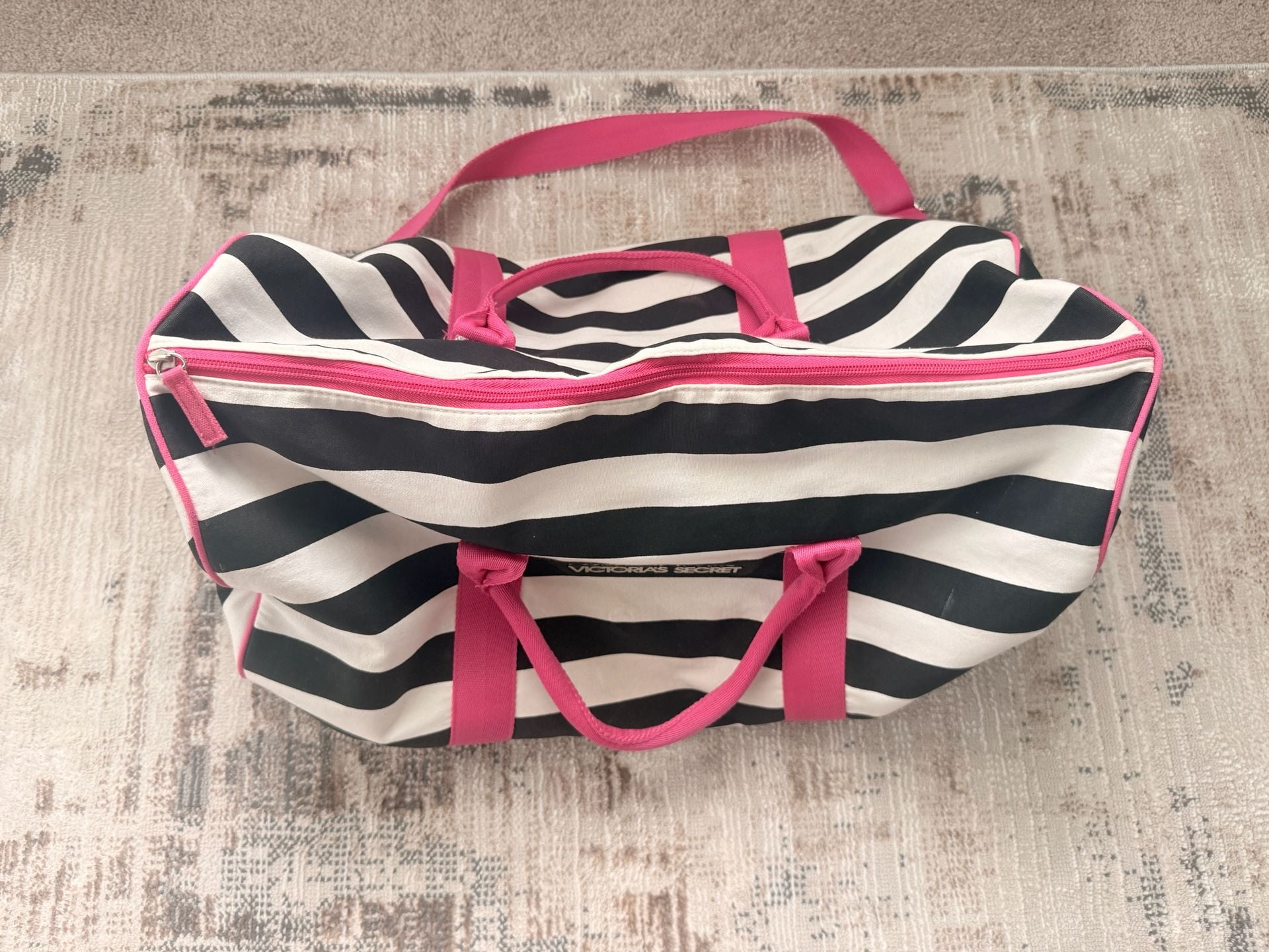 Victoria's Secret Black and White Striped Travel Duffel Weekender Bag with Pink Trim 3
