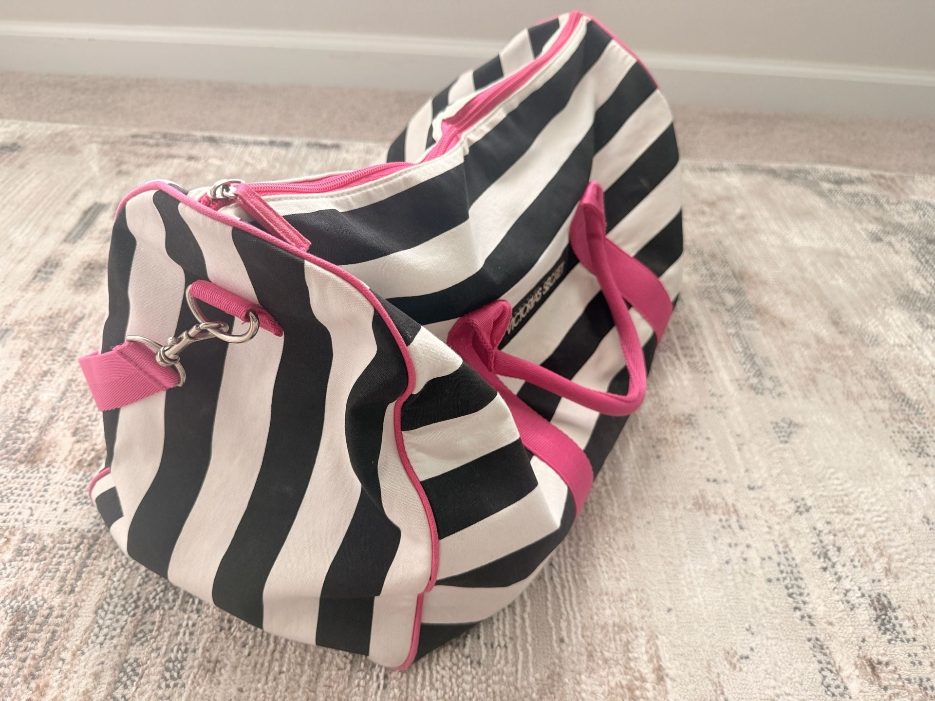 Victoria's Secret Black and White Striped Travel Duffel Weekender Bag with Pink Trim 4