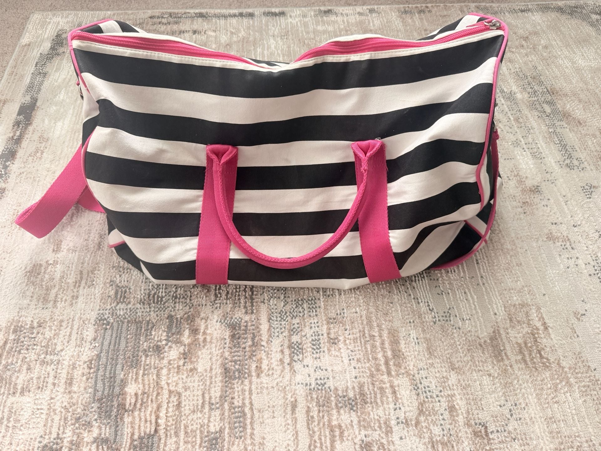 Victoria's Secret Black and White Striped Travel Duffel Weekender Bag with Pink Trim 5