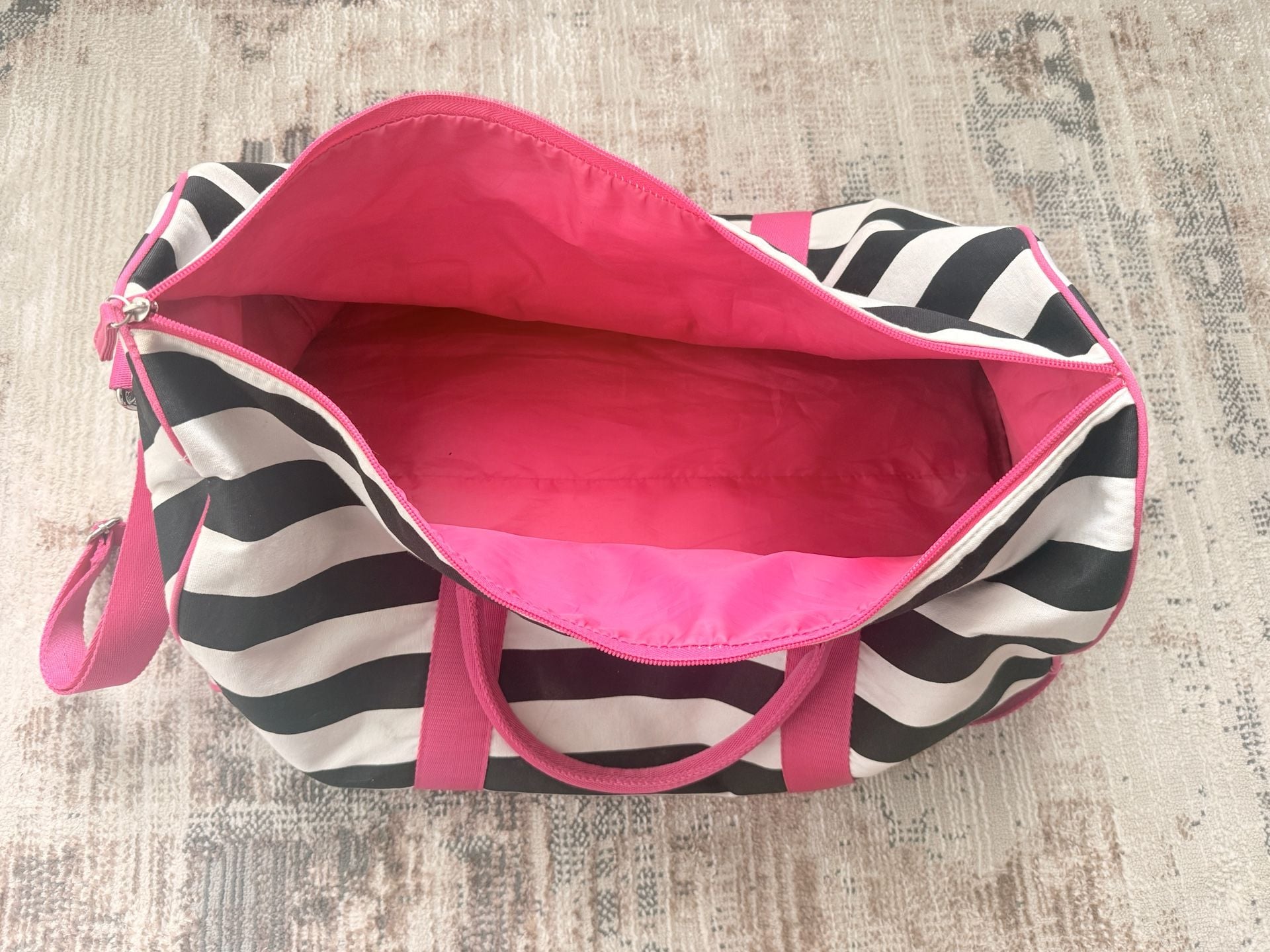 Victoria's Secret Black and White Striped Travel Duffel Weekender Bag with Pink Trim 6
