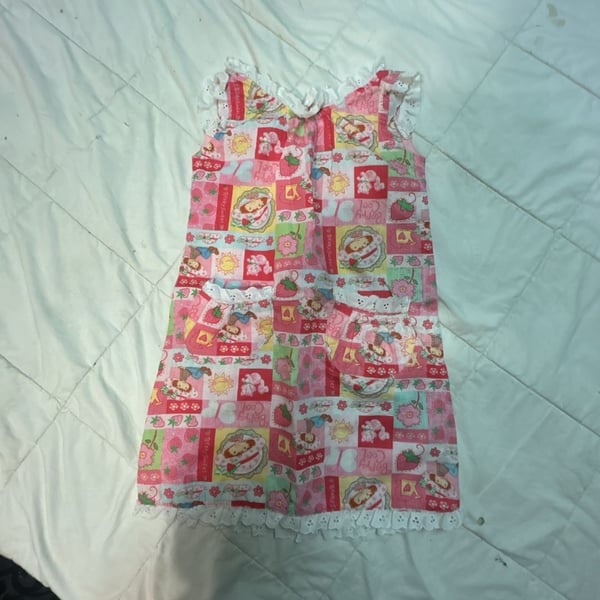 Vintage Handmade Strawberry Shortcake Girls Dress with Eyelet Lace and Pockets