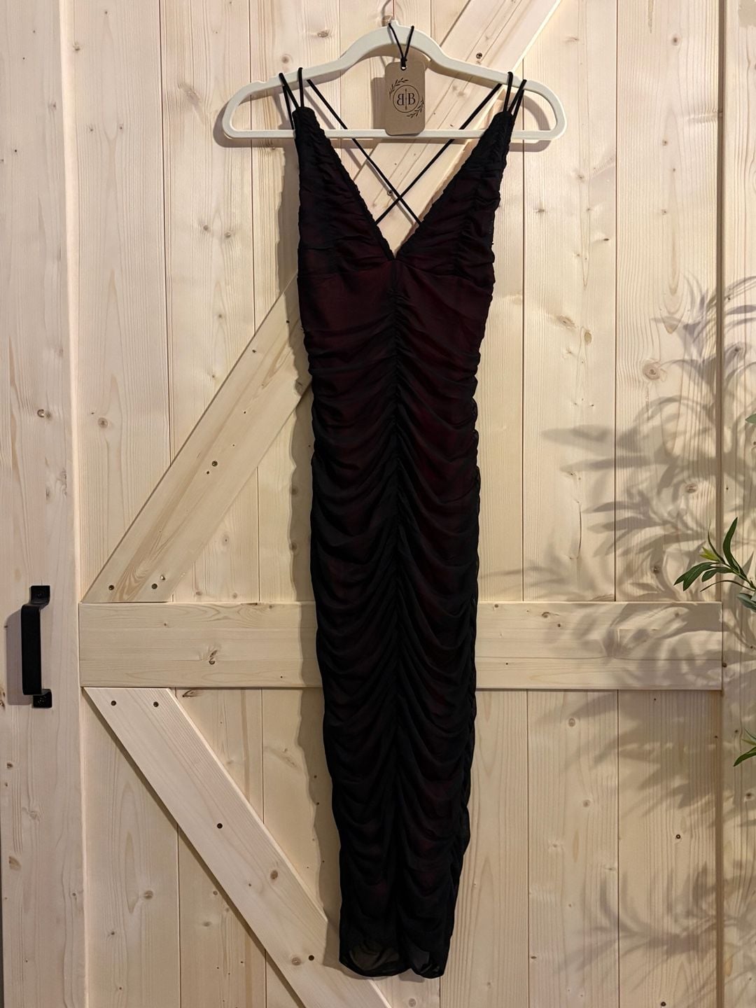 Red and Black Mesh Ruched Bodycon Midi Dress with Criss-Cross Back 1