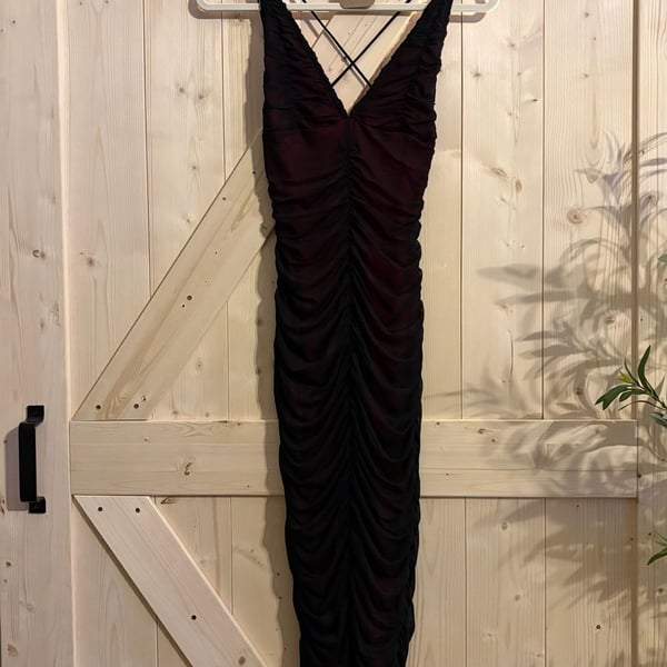 Red and Black Mesh Ruched Bodycon Midi Dress with Criss-Cross Back