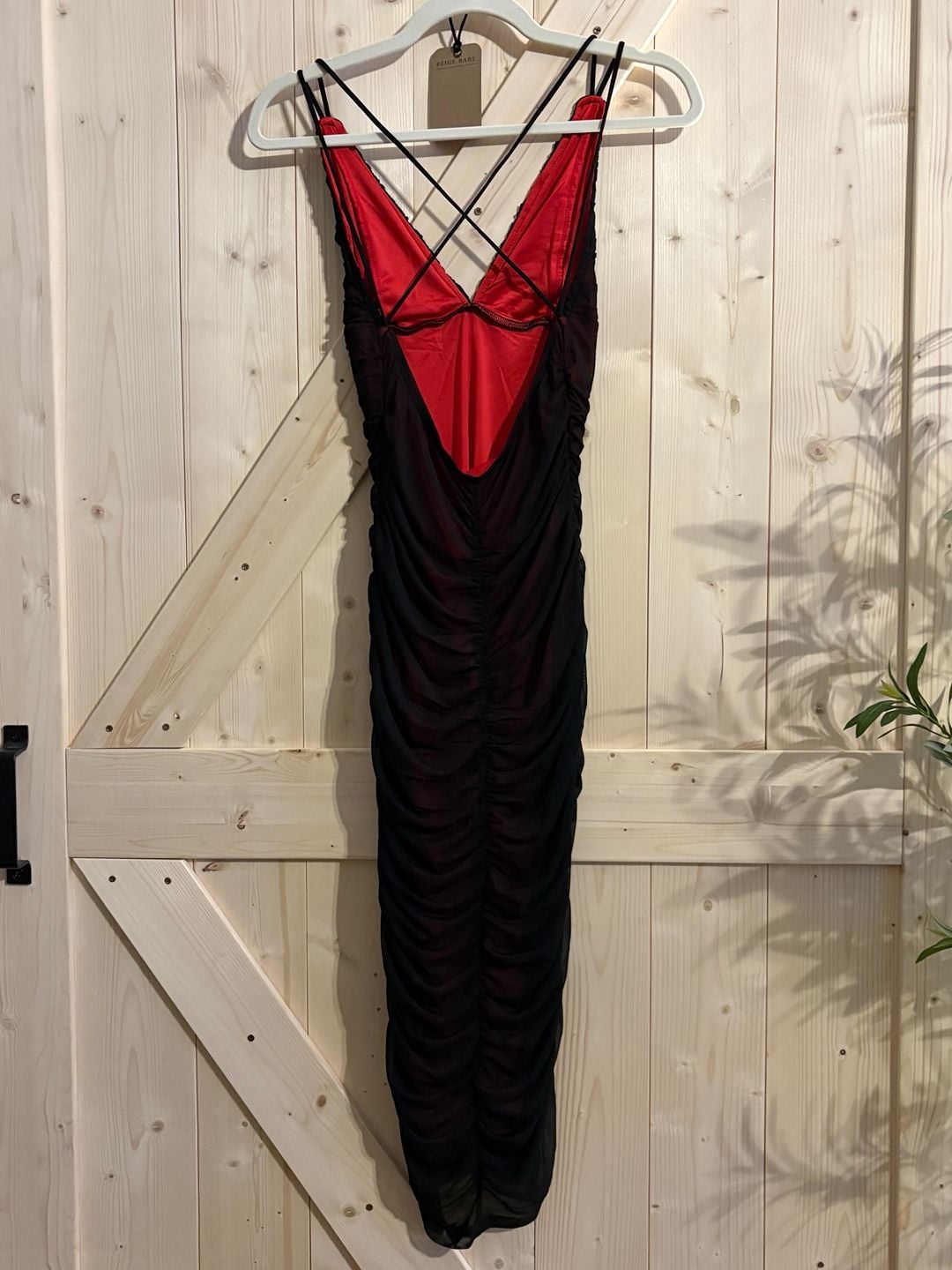 Red and Black Mesh Ruched Bodycon Midi Dress with Criss-Cross Back 2