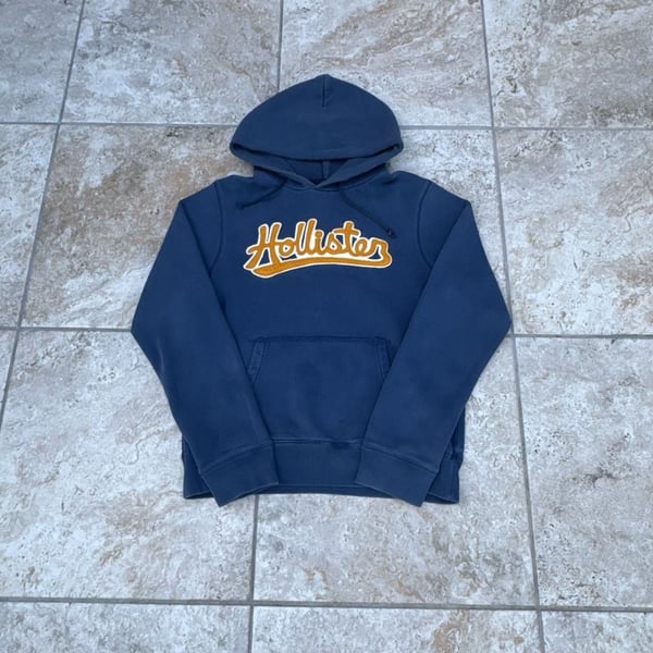 Hollister Navy Blue Pullover Hoodie with Embroidered Script Logo