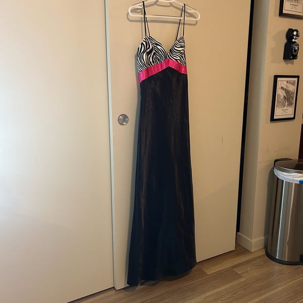Vintage Jessica McClintock Zebra Print and Hot Pink Satin Full Length Gown (size 5)