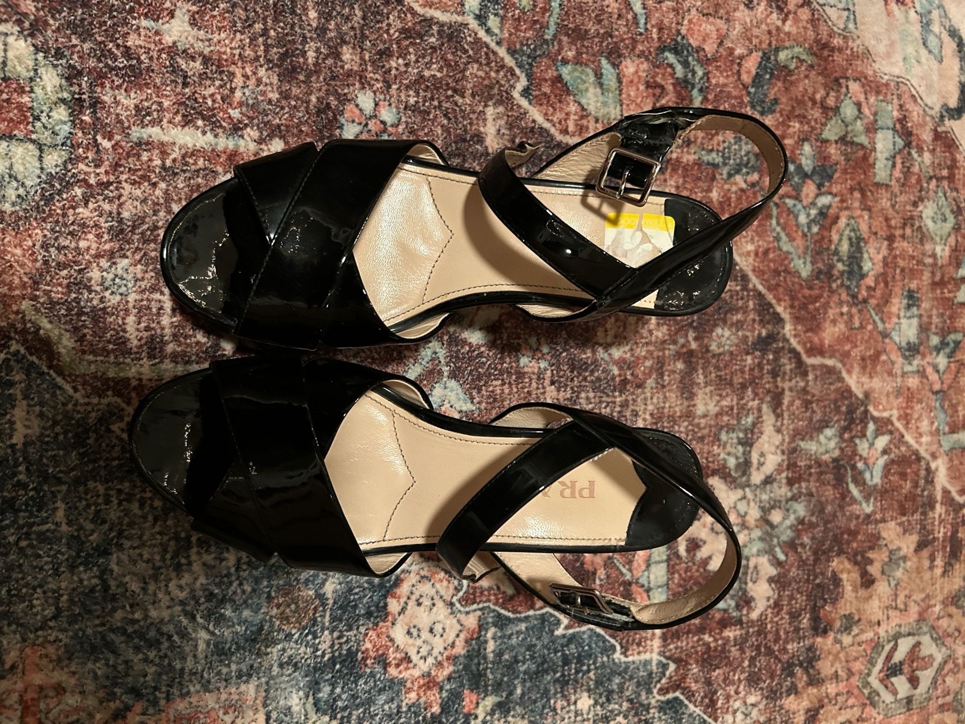 Prada Women's Black Patent Leather Criss-Cross Slingback Wedge Sandals 1