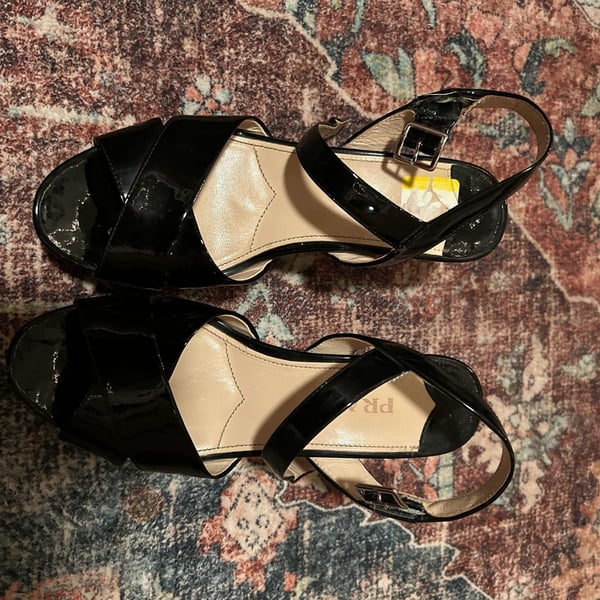 Prada Women's Black Patent Leather Criss-Cross Slingback Wedge Sandals