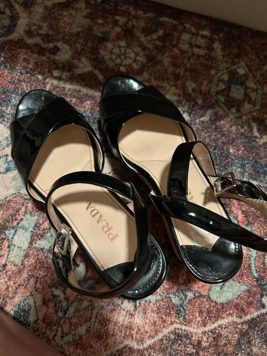 Prada Women's Black Patent Leather Criss-Cross Slingback Wedge Sandals 2