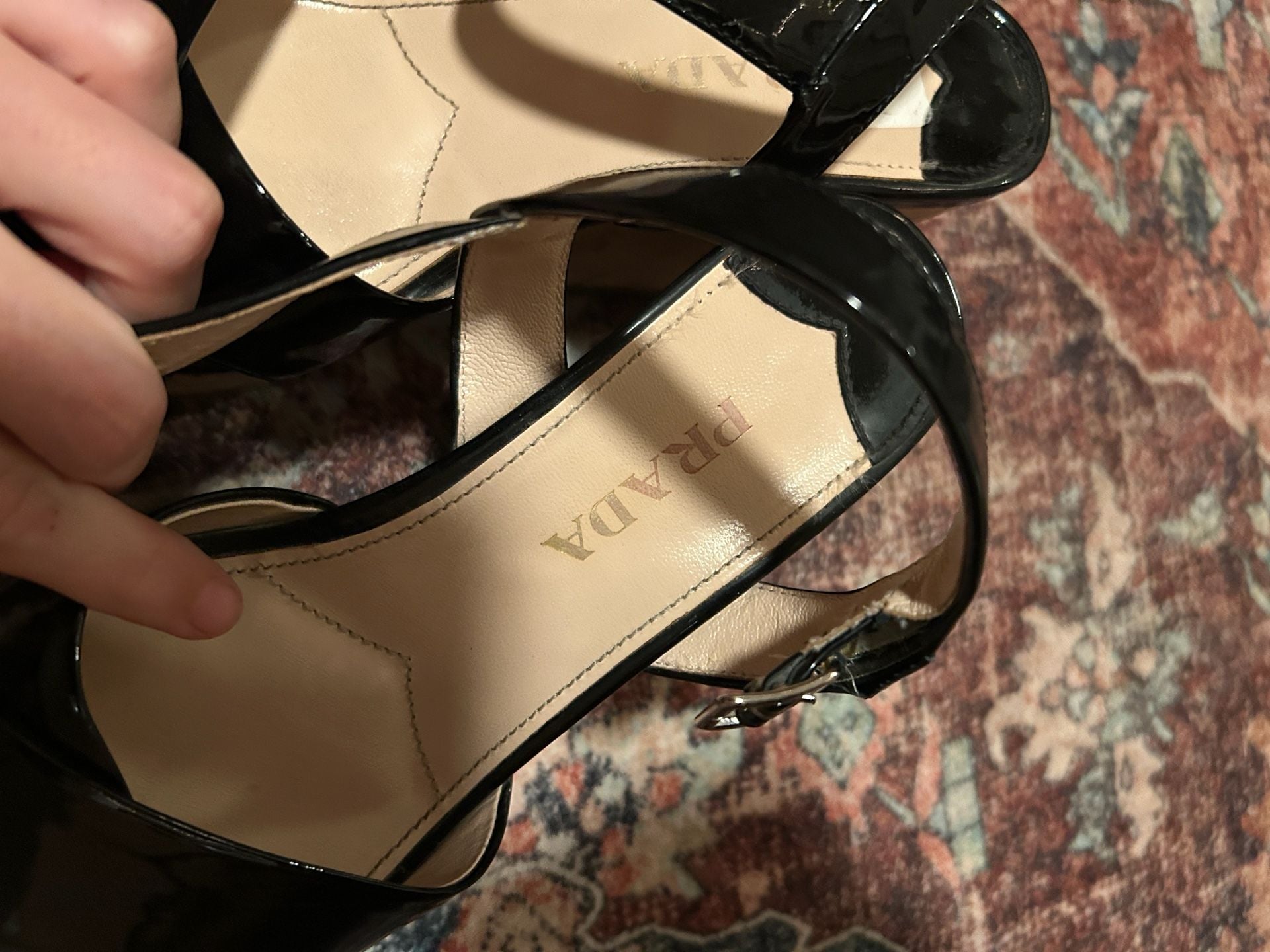 Prada Women's Black Patent Leather Criss-Cross Slingback Wedge Sandals 3