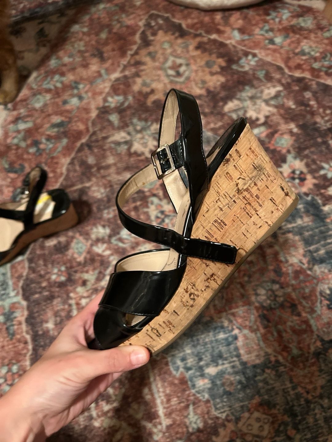 Prada Women's Black Patent Leather Criss-Cross Slingback Wedge Sandals 4