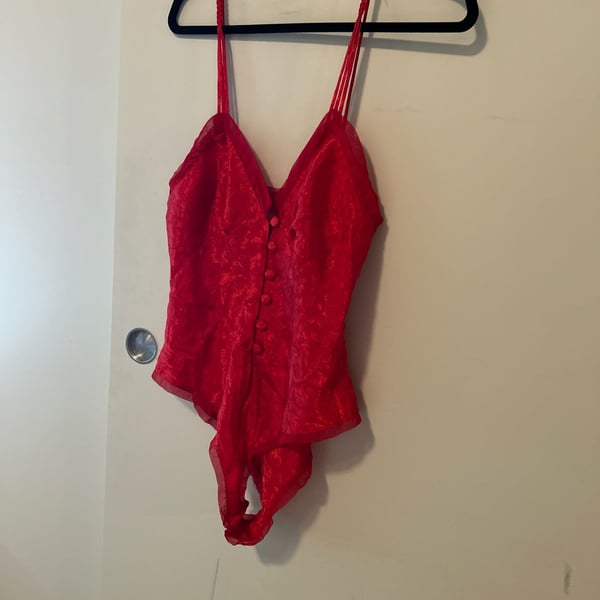 Vintage Victoria's Secret Gold Label Red Floral Jacquard Bodysuit with Braided Straps