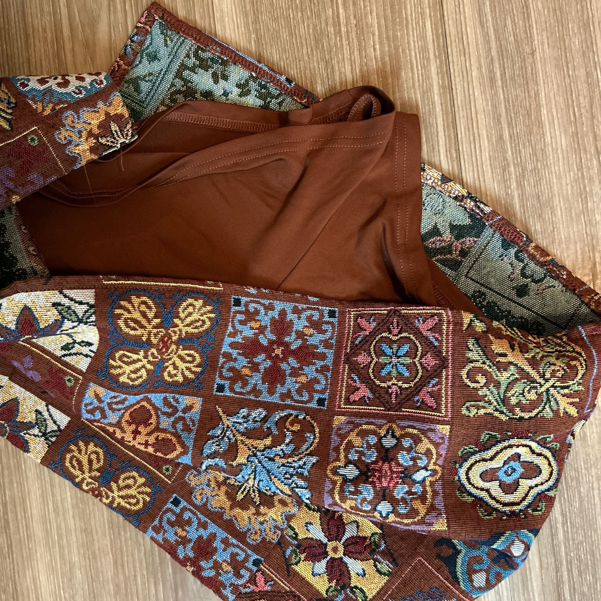 Cider Brown Multi-Color Tapestry Print Mini Skirt 4